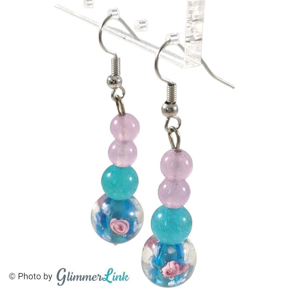 Pink & Blue Floral Glass Lamp Work Beaded Tiered Dangle Earrings